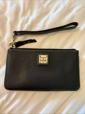 Dooney & Bourke Black Leather Wristlet with Gold Logo Plate